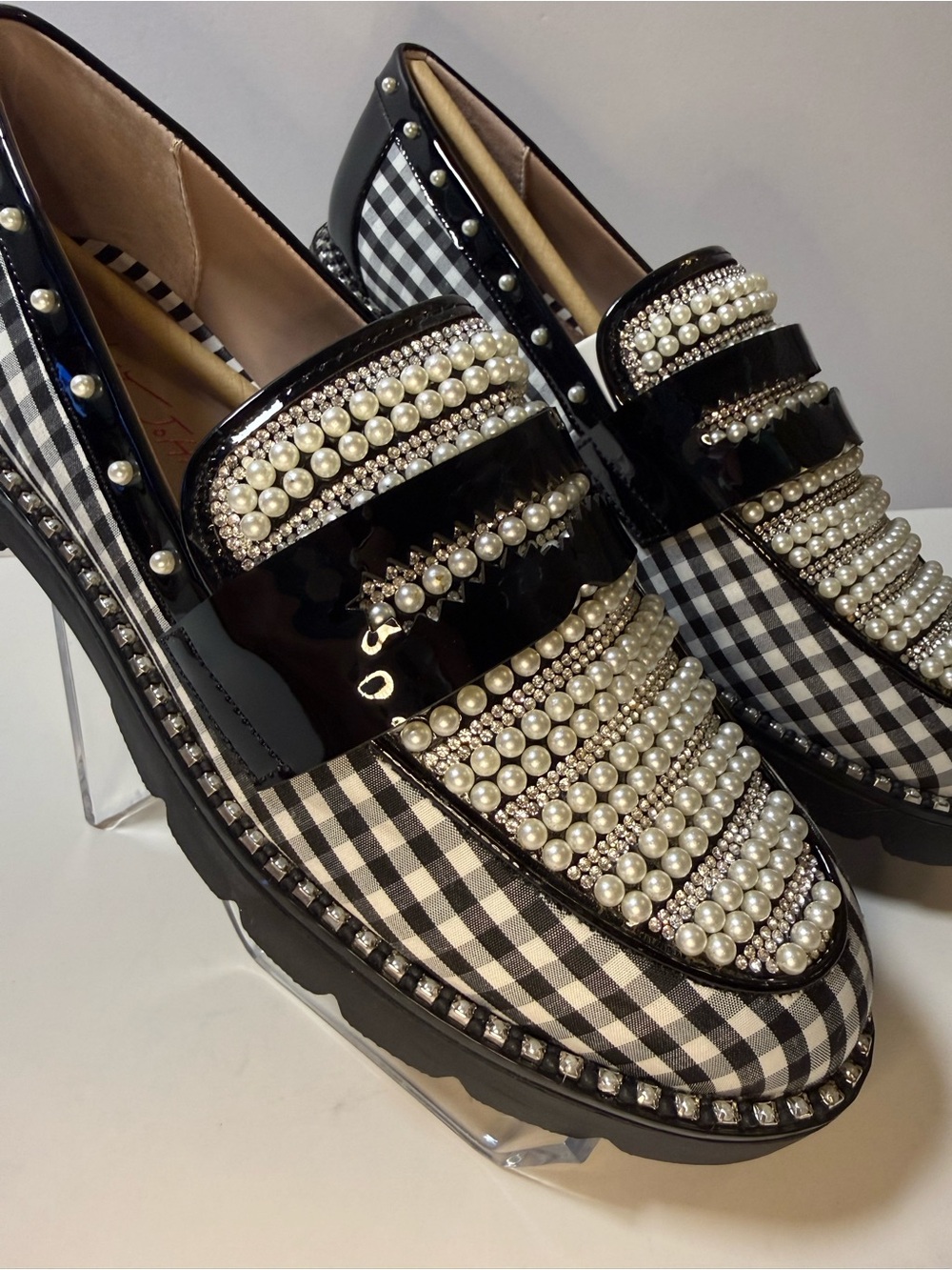 Betsey Johnson Black Gingham Pearl-Embellished Women’s Loafers - NWOT